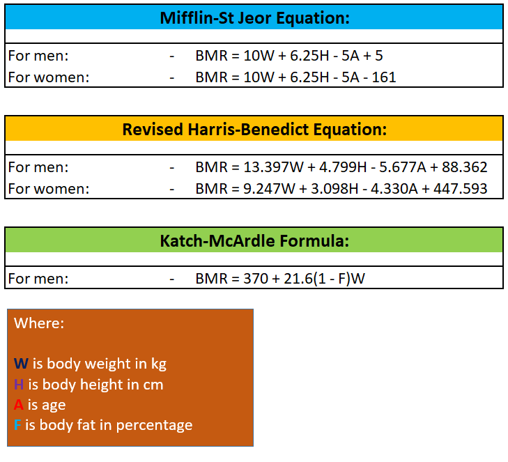 equations used to calculate bmr