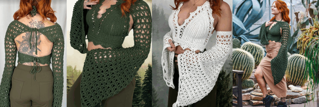 Fae Top & Sleeves 3-in-1 Crochet PATTERN — Perfect for Ren Faires, Fairy Costumes, Summer Festivals, or Cosplay! Featuring Lacy Bell Sleeves and a Bralette